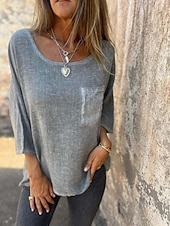 abordables Camisas-Mujer Mezcla de lino Blusa Retazos Bolsillo Plano Elegante Clásico Moderno Manga 3/4 Cuello Barco Tops regulares Tops largos Diario Festivos Noche Verde Claro Caqui Albaricoque Gris Verano Primavera