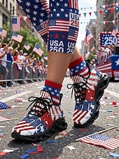  USA 250 Flag löparsneakers för kvinnor – lätta, andningsbara snörskor, patriotiska stjärnor &randig stil för självständighetsdagen, parader, gatufestivaler, utomhuspromenader &vardagskläder