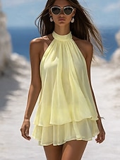 olcso Egyszerű ruha-Női Mini ruha A vonalú ruha Fodros ruha Halter ruha Alkalmi Szabadtéri Alkalmi Karcsúsított Tömör szín Ujjatlan Kötőfék nyaka Sárga Nyár Tavasz