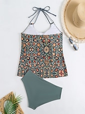 preiswerte Tankinis-Damen Badeanzug Tankini Zweiteilig Freche Unterhose Bademode Bauchkontrolle Hohe Taille Schlank Rückenfrei Urlaub Strandbekleidung Blumen U-Ausschnitt Ärmellos Badeanzüge