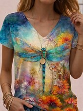 economico Maglietta Animali-Per donna Maglietta Stampato Grafico Gradiente di Colore Astratto Vintage Elegante Classico Manica Corta Scollo a V Top Regolari Quotidiano Verde e blu Arcobaleno Grigio scuro Estate Primavera