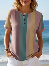  Pentru femei Tricou Imprimeu Nasturi de piept Geometric Dungi Stilat Modern Casual Manșon scurt Henley Topuri obișnuite Zilnic Albastru piscină Vară Primăvară