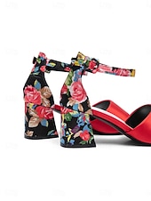 voordelige Hakken Sandalen-Damessandalen uit de jaren 50 in vintage rood satijn - elegante pumps met middelhoge blokhak en enkelbandje met bloemenprint, perfect voor rockabillyfeesten en retro gala's. &amp;zomerse sociale
