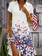 tanie Sukienka na Dzień Niepodległości-Amerykański Dzień Niepodległości Damskie Sukienka do kolan Sukienka A line Urlop Codzienny Styl plażowy Plaża Regularny Graficzny Flaga Krótki rękaw W serek Niebieski Czarny Biały Czerwony Lato Wiosna