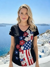  día de la independencia americana Mujer Camiseta Camiseta superior Estampado Floral Graphic Bandera estadounidense Elegante Clásico Casual Manga Corta Escote en Pico Tops regulares Diario Noche Azul