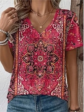 billige Boho t-skjorte-Dame T skjorte Trykt mønster Blomstret Grafisk Dragonfly Årgang Stilfull Klassisk Kortermet V-hals Lange topper Daglig Sport Ut på byen Hvit Rød Sommer Vår