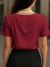 Χαμηλού Κόστους Απλή μπλούζα-Γυναικεία Μπλούζα Συμπαγές Χρώμα Κομψό Στυλάτο Βασικό Κοντομάνικο Λαιμόκοψη V Κανονικά μπλουζάκια Καθημερινά Μαύρο Λευκό Κρασί Φούξια Πράσινο του τριφυλλιού Καλοκαίρι Άνοιξη