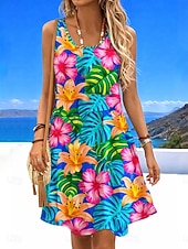 cheap Floral Dress-Women's Mini Dress Sundress A Line Dress Summer Dress Vacation Casual Boho Beach Party Wedding Regular Fit Floral Graphic Sleeveless U Neck Blue Light Green Sky Blue Green Summer Spring