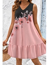 tanie Sukienki kwiatowe-Damskie Sukienka mini Sukienka letnia Sukienka A line Letnie sukienki Codzienny Codzienny Święto Regularny Kwiaty Graficzny Bez rękawów W serek Niebieski Rumiany róż Fioletowy Zielony Lato Wiosna