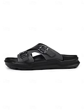 abordables Men-Men's Black and White Double Strap Slide Sandals Open-Toe Comfort Casual Slippers for Resort &amp; Poolside, Beach Vacation, Poolside Relaxing, Travel, Outdoor Leisure and Summer Everyday Wear