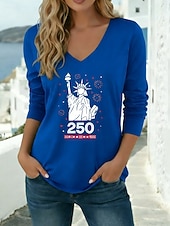 billiga Självständighetsdagen Topp-Amerikanska självständighetsdagen Dam T-shirt T-tröja Mönster Grafisk Mode Modern Ledigt Långärmad V-hals Vanliga toppar Dagligen Utekväll Helgen Blå Svart Vit Vin Armégrön Vår Höst