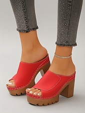 cheap Slide Sandals-Women's Red Platform Block Heel Mule Sandals – Open Toe Slip-On Sandals with Chunky Sole for Summer Casual Wear, Vacation Travel and Garden Party