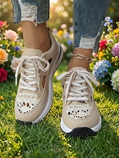 abordables Zapatillas de mujer-Zapatillas beige con cortes para mujer: zapatos informales transpirables con cordones para uso diario, para caminar y viajar.