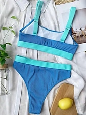 economico Bikini-Per donna Costumi da bagno Bikini Due pezzi Vita alta Costume da bagno Patchwork Snello Senza schiena Vacanza Abbigliamento da Spiaggia A righe Collo a U Senza Maniche Costumi da bagno