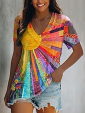  Damen T Shirt Druck Blumen Farbblock Vintage Lässig Boho Kurzarm V Ausschnitt Normale Oberteile Täglich Regenbogen Sommer Frühling
