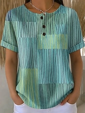  T-shirt en gaufre pour femmes impression graphique géométrique vintage élégant classique à manches courtes col rond hauts réguliers quotidiens noir et blanc noir blanc jaune rouge été printemps