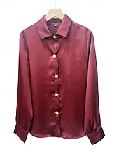 baratos Blusas Simples-Women's Shirt Button Down Shirt Casual Shirt Buttons Plain Stylish Classic Modern Long Sleeve Shirt Collar Regular Tops Daily Holiday Going out Wine Fuchsia Light Blue Summer Spring
