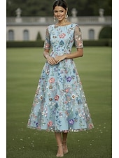 billige Ankellengde-A-linje Kjoler Te-lengde Cocktail Kjole Gjestekjole til bryllup Kjole til brudens mor Halvlange ermer Crew-hals Elegant Fritid Formell Bryllupsgjest Kentucky Derby Chiffon Tyll med Blomstertrykk