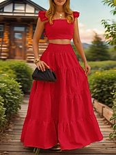 abordables Conjuntos de dos piezas-Mujer conjuntos de falda Sin Mangas Escote Cuadrado Plano Frunce Elegante Moda Ropa de calle Casual Diario Exterior Negro Blanco Amarillo Verano Ajuste regular