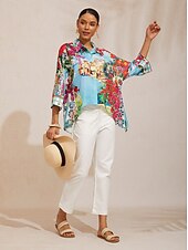 Недорогие Блузки и рубашки-Топ из шелковистого атласа с рукавами «летучая мышь» с рисунком «цветок Майорки»