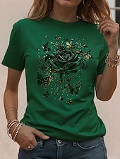  Dames T-shirt Afdrukken Bloemig Grafisch Planten Stijlvol Klassiek Casual Korte mouw Strakke ronde hals Ronde hals Normale tops Dagelijks Zwart Rood Groen Zomer Lente