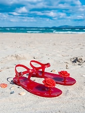 abordables Femmes-Sandales en plastique jaune pour femmes - sandales de plage romantiques et imperméables avec décoration de roses en 3D &amp;Bride de cheville ajustable pour les vacances d'été, les escapades sur les îles