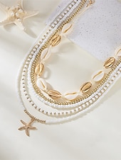 cheap Women's Necklace-Women's Multi-Layer Beaded Necklace and Bracelet Set with Starfish Pendant – Alloy Material, Bohemian Style, Colorful, Perfect for Vacation, Beach and Daily Casual Wear