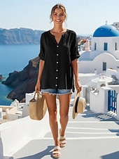 abordables Blusas Sencillas-Mujer Camisa Camisa con botones Camisa casual Blusa Botones Plano Elegante Clásico Moderno Manga Corta Escote en Pico Tops regulares Diario Festivos Noche Azul Piscina Negro Blanco Verde Ejército