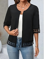 cheap Casual Jackets-Women's Casual Jacket Comfortable Breathable Lace Patchwork Casual Plain Casual Vacation Street Daily Wear Open Front Regular Crewneck Regular Fit 3/4 Length Sleeve Outerwear Black Summer Spring