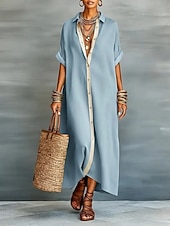 preiswerte Weißes Kleid-Damen Maxikleid Hemdblusenkleid Elegant Lässig Party Lässiger Schnitt Einfach Kurzarm Hemdkragen Blau Schwarz Rosa Grün Sommer Frühling