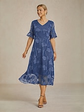  Pentru femei Rochii Midi Rochie A line Gril pe Kamado Casual Cu Mâneci Largi Invitat la nunta Petrecere cu cocktail Fit regulat Culoare solidă Floral Simplu Manșon scurt În V Wedgewood Vară Primăvară