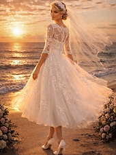 preiswerte Kleine weiße Kleider-A-Linie Tee-Länge Hochzeitskleider Brautkleider Brautkleid Vintage 1940er / 1950er Kleine Weiße Kleider Dreiviertelarm Illusionsausschnitt Abschlussfeier Geburtstag Spitze Tüll mit Applikationen