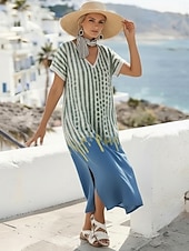  Mulheres Vestido midi Vestido casual Vestido A Line Vestido estampado Moda Moderno Ao ar livre Férias Feriado Normal Âmbar Geométrica Manga Curta Decote V Azul Verão Primavera