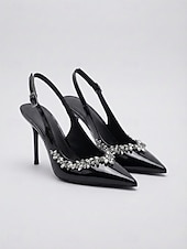 baratos sapatos slingback-Women's Chic Black Patent Pointed Toe Slingback Pumps -  Stiletto Heels with Crystal Embellishments for Daily Office, Business Casual &amp; Elegant Evening Outings