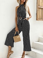 abordables mono de vacaciones-Mujer Normal Mono Activo A Lunares Sin Mangas Perneras anchas Cuello halter Bolsillo Estampado Diario Vacaciones Holgado Negro Vino Azul Marino Verano