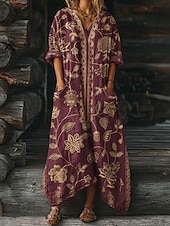 billige Etnisk Boho Kjole-Dame Maxikjole Boho-kjole Uformell kjole Print kjole Årgang utendørs Feriereise Helg Løstsittende Blomstret Grafisk Langermet V-hals Blå Vin Lilla Grønn Sommer Vår Høst