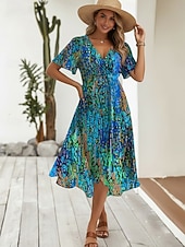 economico Abiti Floreali Stampati-Per donna Abito Midi Abito Boho Vestito in Chiffon Abito Floreale Moda Moderno Vacanza Ferie Vestibilità regolare Fiore Manica Corta Scollo a V Blu Verde chiaro Rosso Blu marino Estate