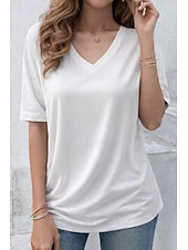 お買い得  プレーンTシャツ-女性用 オーバーサイズ Tシャツ 純色 エレガント スタイリッシュ カジュアル 半袖 Ｖネック ロングトップス 日常 お出かけ ブラック ホワイト イエロー グレー ライトブルー 夏 春