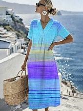  Women's Midi Dress Shift Dress Sundress Vacation Casual Beach Daily Going out Loose Fit Ombre Graphic Short Sleeve V Neck Blue Pink Purple Orange Summer Spring