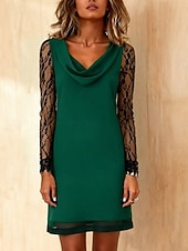 billige Hvit kjole-Dame Mini kjole Kjole med A-linje Sommerkjole Fritid Daglig Normal عادي Langermet Cowl-hals Svart Vin Lilla Grønn Sommer Høst Vinter