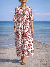 abordables Robes fleuries-Robe longue maxi femme à fleurs bleues et blanches, style vacances, robe droite décontractée, idéale pour la plage ou les sorties. Motif floral, manches 3/4, col rond, bleu, rouge, violet, vert.