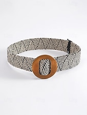 abordables Accesorios de vacaciones-Cinturón tejido bohemio para mujer con hebilla de madera vintage, cinturón de malla de paja para vestir, ideal para vacaciones de verano en la playa y uso diario informal, disponible en varios colores.