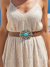 olcso Női öv-női bohém műbőr türkiz öv, fekete és barna western vintage deréköv gravírozott pánttal és díszes csattal hétköznapi viseletre, utazáshoz, nyaraláshoz és üdülőhelyi stílushoz