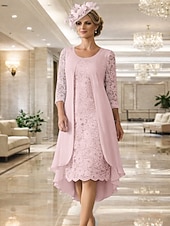  Linha A Até os Joelhos Vestido de convidada de casamento Vestido Para Mãe dos Noivos Manga Longa Decorado com Bijuteria Elegante Tamanhos Grandes Convidado do casamento Chiffon Renda com Renda