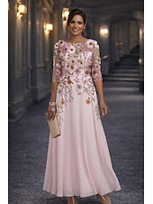preiswerte Bodenlänge-A-Linie Bodenlang Spitzenkleid Brautmutterkleid Langarm Rundhalsausschnitt Illusionsausschnitt Elegant Vintage Formell Hochzeitsgast Hochzeitsfeier Chiffon Spitze mit Blumenmuster 3D-Blumen Stickerei
