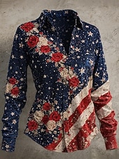  Jour de l'Indépendance Américaine Femmes Chemise Chemisier Patchwork Boutons Imprimé Graphique Drapeau ancien Élégant Occasionnel manche longue Col de chemise Hauts Réguliers Quotidien Bleu Rouge Ét