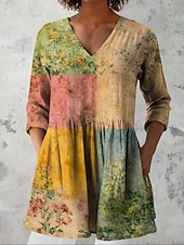  Damen Bluse Druck Blumen Urlaub Täglich Lässig Dreiviertelarm V Ausschnitt Normale Oberteile Täglich Ferien Ausgehen Grün Sommer Frühling Herbst