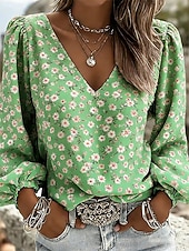 cheap Floral Blouses-Women's Blouse Print Floral Stylish Casual Long Sleeve V Neck Regular Tops Daily Blue Sage Green Black Yellow Pink Summer Spring Fall