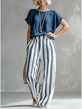 baratos Conjuntos-Mulheres Conjunto com toque de linho Conjuntos de calças Manga Curta Gola Redonda Gráfico Listrado Moda Roupa de rua Casual Diário Ao ar livre Azul Preto Amarelo Primavera Verão Ajuste Largo