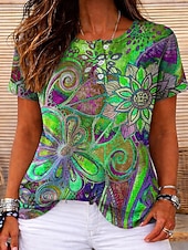 ieftine tricou boho-Tricouri pentru femei cu textură waffles T-shirt cu imprimeu colorat grafică tribală stilat clasic cu mânecă scurtă guler crew neck guler rotund tricouri obișnuite sport de zi cu zi albastru roșu